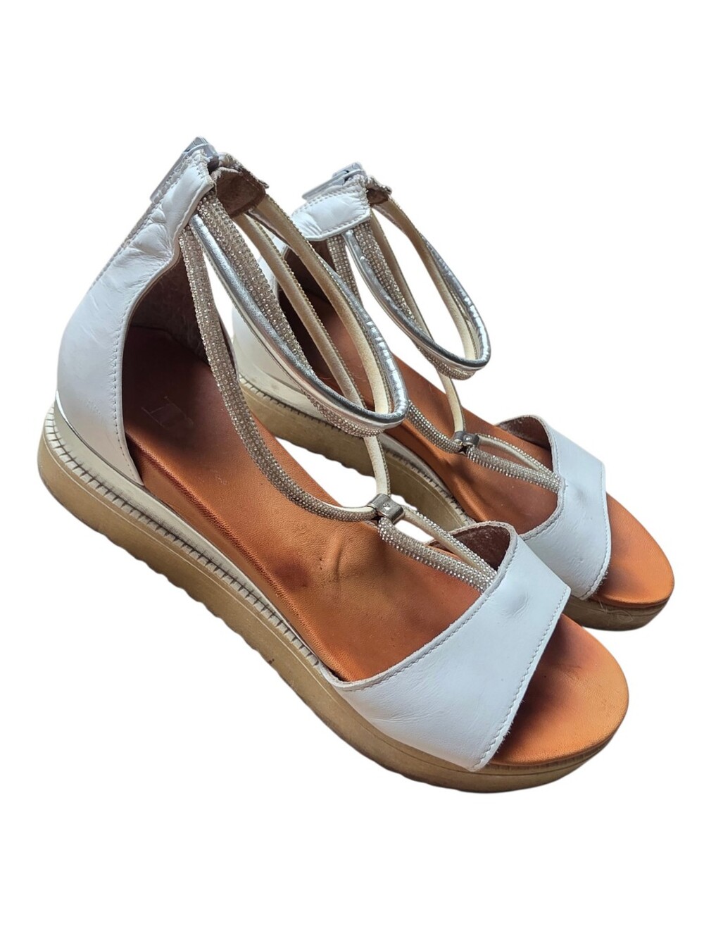 Browns Leather Sparkly Women's White Ankle-Strap Wedge Sandals